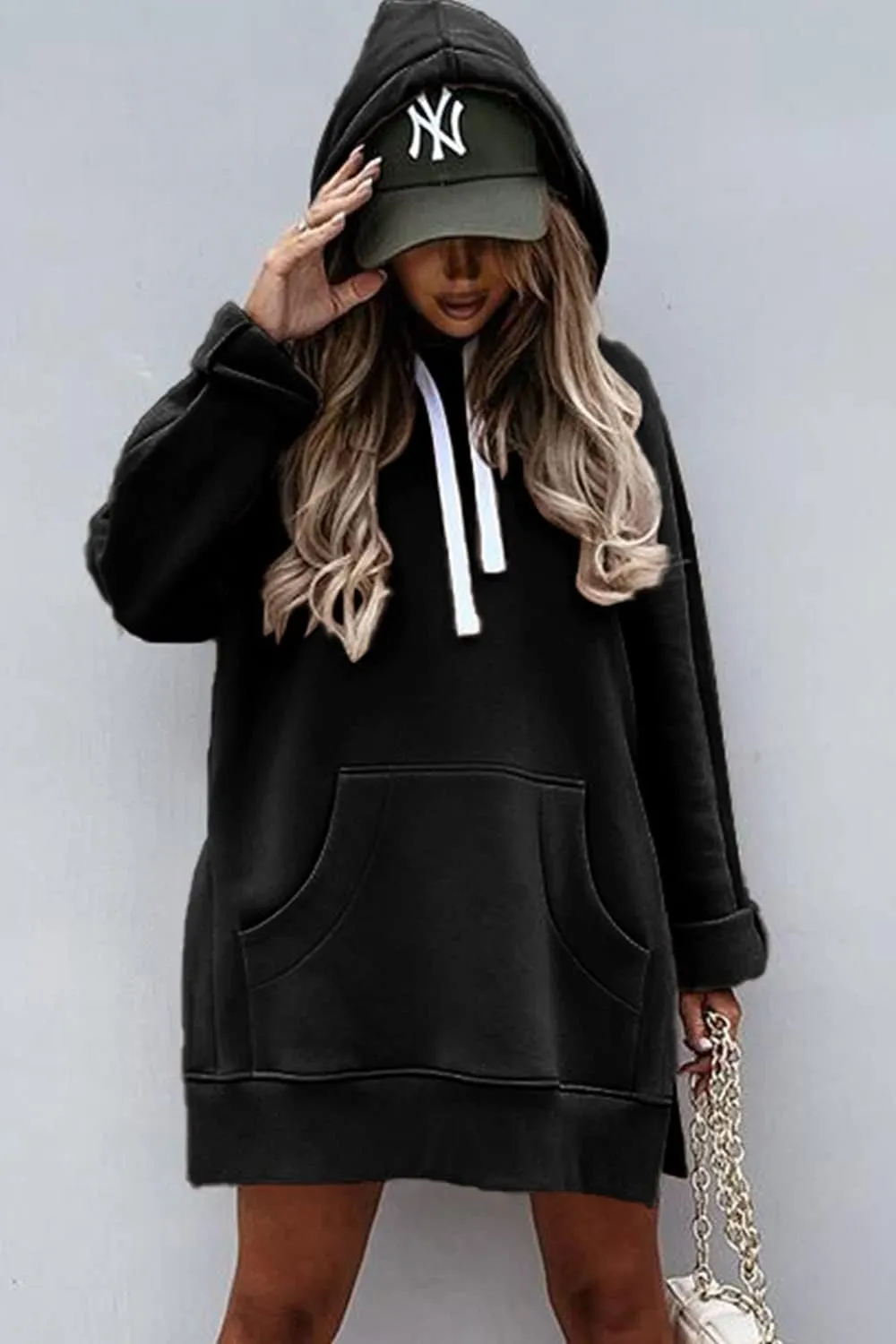 PRETTYGARDEN Women's Casual Pullover Sweatshirt Long Sleeve Split Hem Hoodie Dress with Kangaroo Pocket