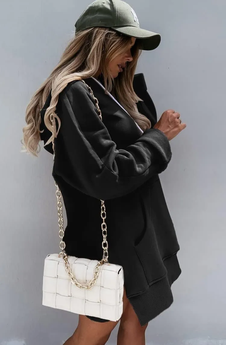 PRETTYGARDEN Women's Casual Pullover Sweatshirt Long Sleeve Split Hem Hoodie Dress with Kangaroo Pocket