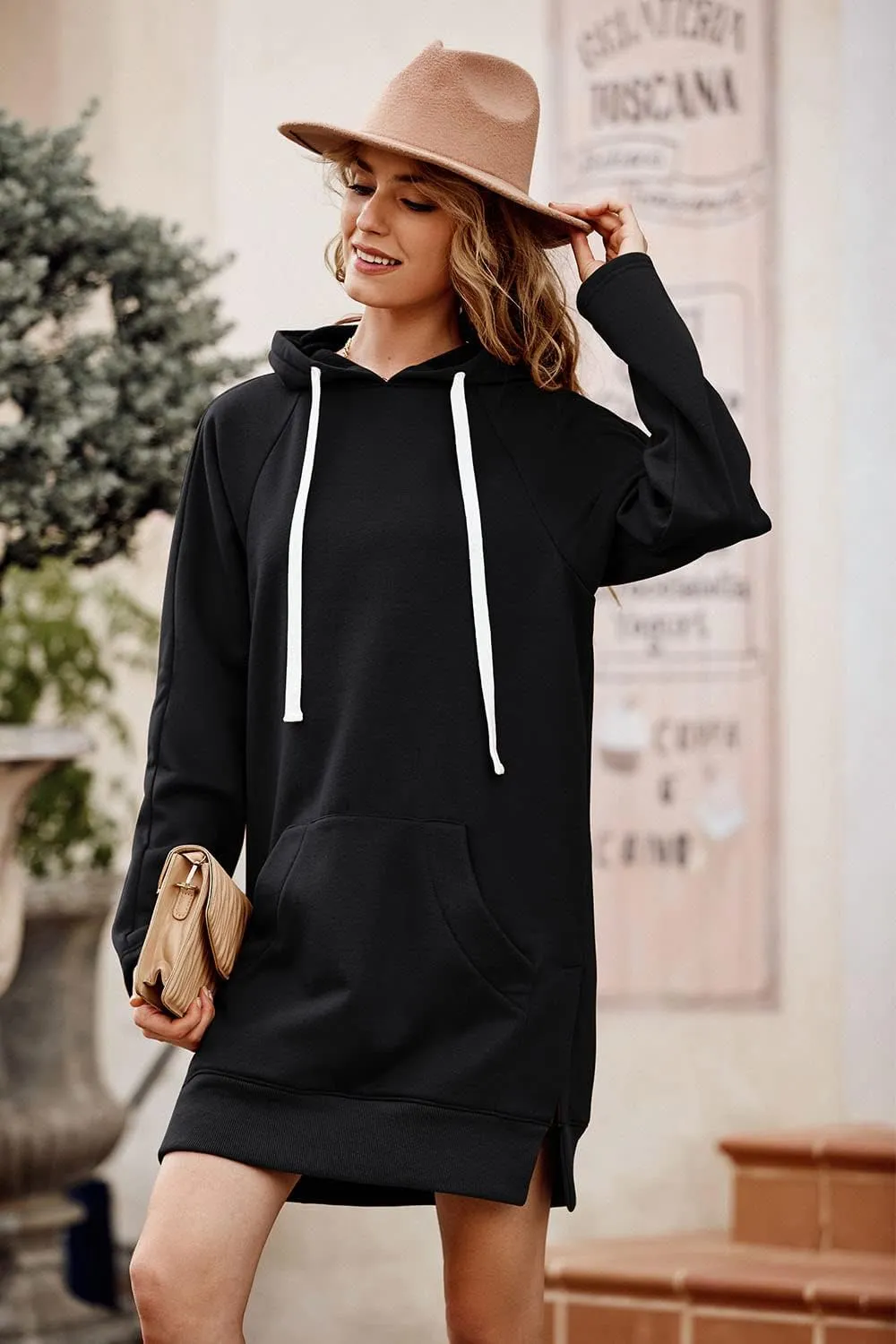 PRETTYGARDEN Women's Casual Pullover Sweatshirt Long Sleeve Split Hem Hoodie Dress with Kangaroo Pocket