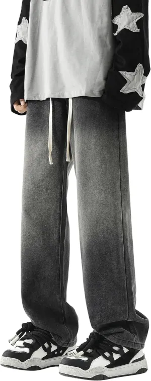 PRIJOUHE Mens Wide Leg Jeans Elastic Waist Baggy Jeans Casual Drawstring Denim Pants Trousers