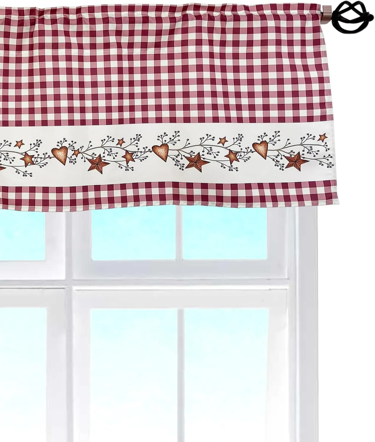 Primitive Country Star and Heart Buffalo Check Rustic Red and Tan Window Décor Curtain Valance Decorative Rod Pocket 52 X 16 Inches