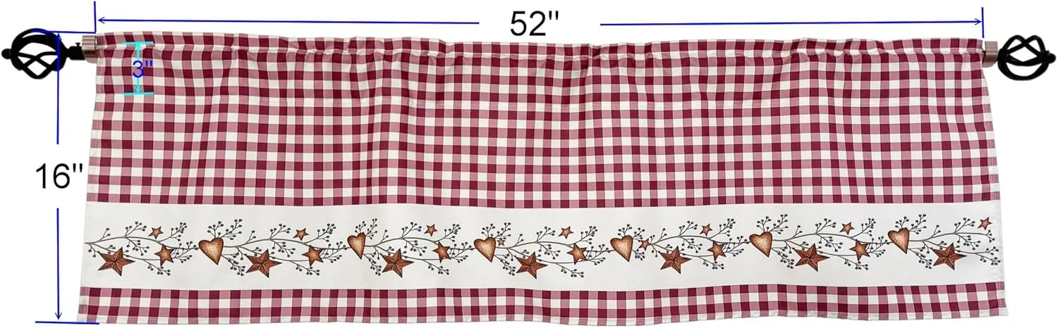 Primitive Country Star and Heart Buffalo Check Rustic Red and Tan Window Décor Curtain Valance Decorative Rod Pocket 52 X 16 Inches
