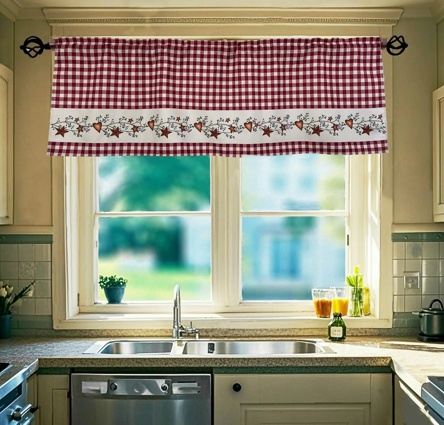 Primitive Country Star and Heart Buffalo Check Rustic Red and Tan Window Décor Curtain Valance Decorative Rod Pocket 52 X 16 Inches