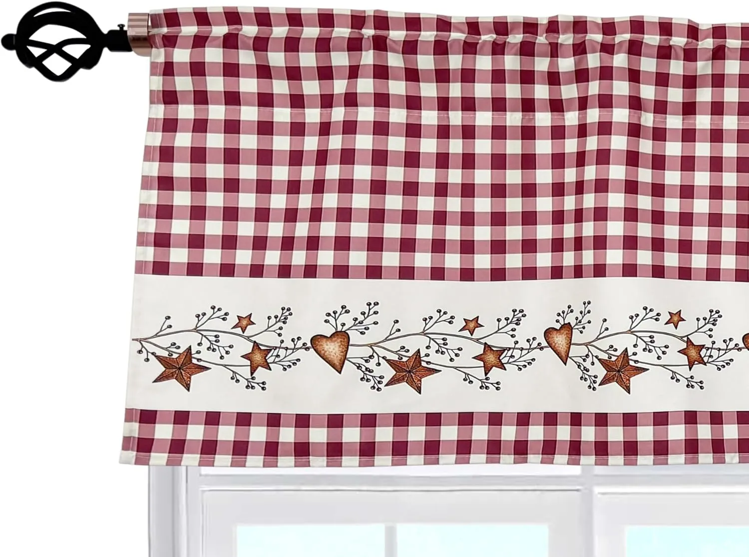 Primitive Country Star and Heart Buffalo Check Rustic Red and Tan Window Décor Curtain Valance Decorative Rod Pocket 52 X 16 Inches
