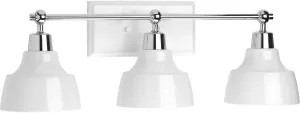 Progress Lighting Bramlett Collection 3-Light White Metal Shade Coastal Bath Vanity Light Polished Chrome, 8.38x24.25x24.25