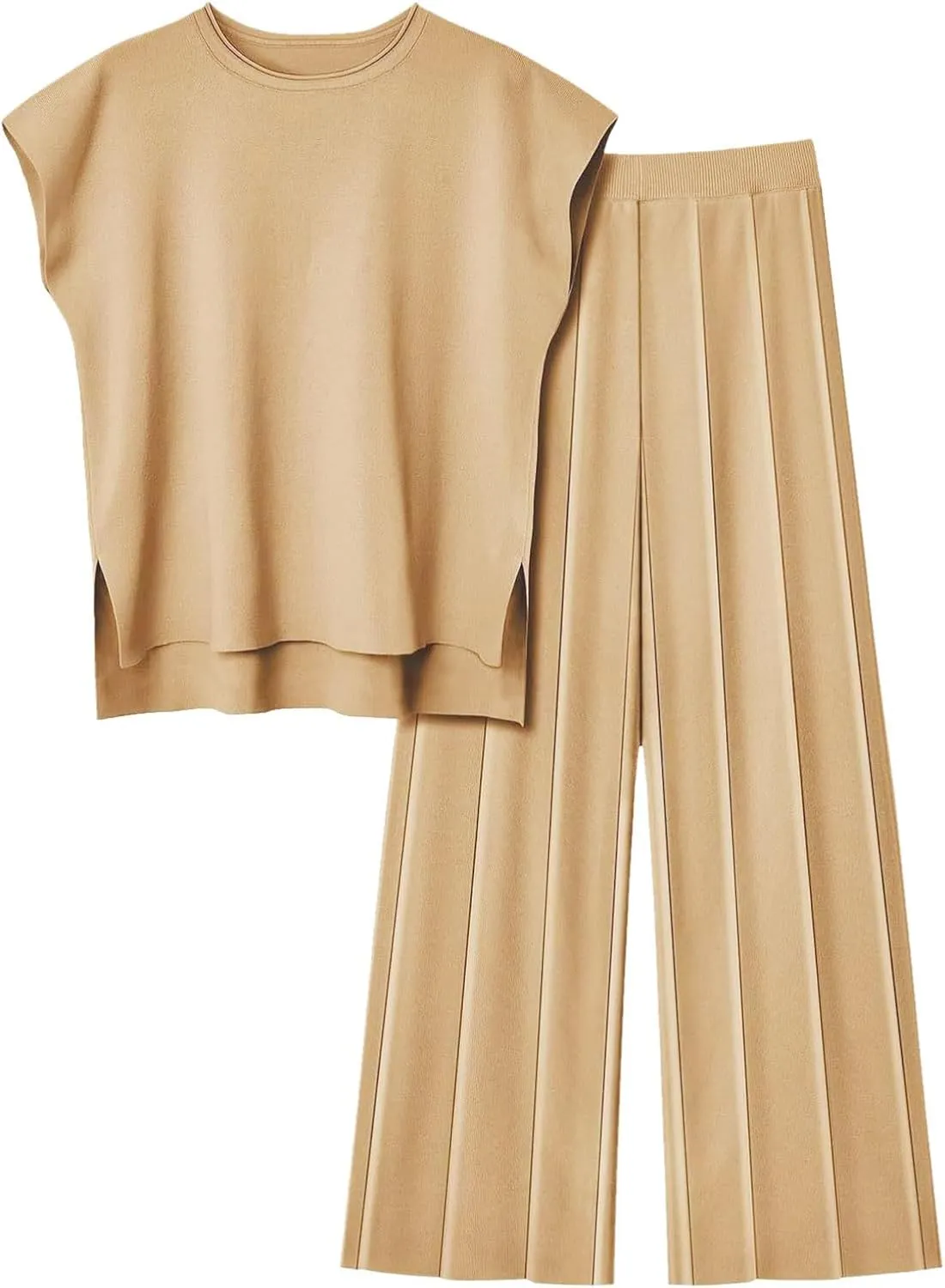 PTOLOCIF Women 2 Piece Outfits Summer Casual Sweater Set Knit Loungewear Cap Sleeve Pullover Top and Wide Leg Pants Tracksuit