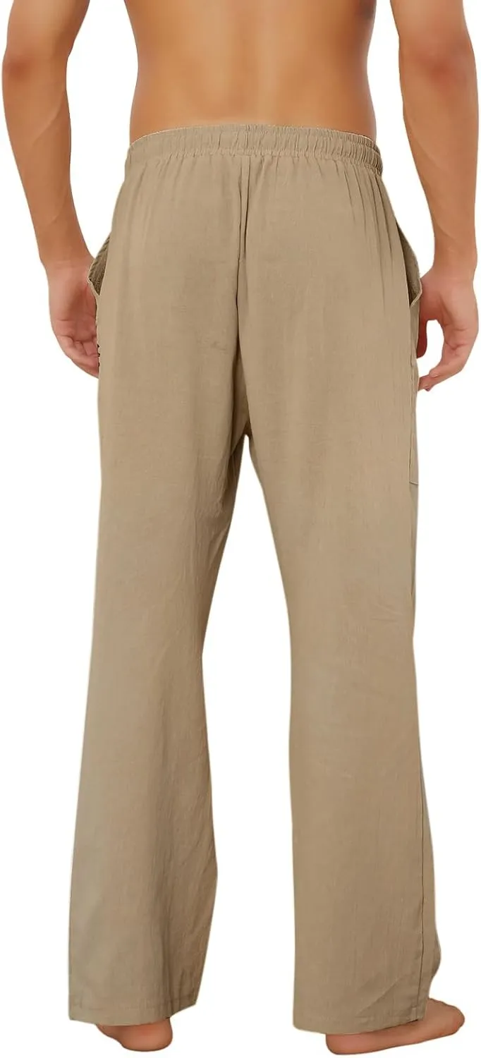 Puimentiua Cotton Linen Pants Men, Summer Beach Pants Loose Fit with Elastic Waist Drawstring