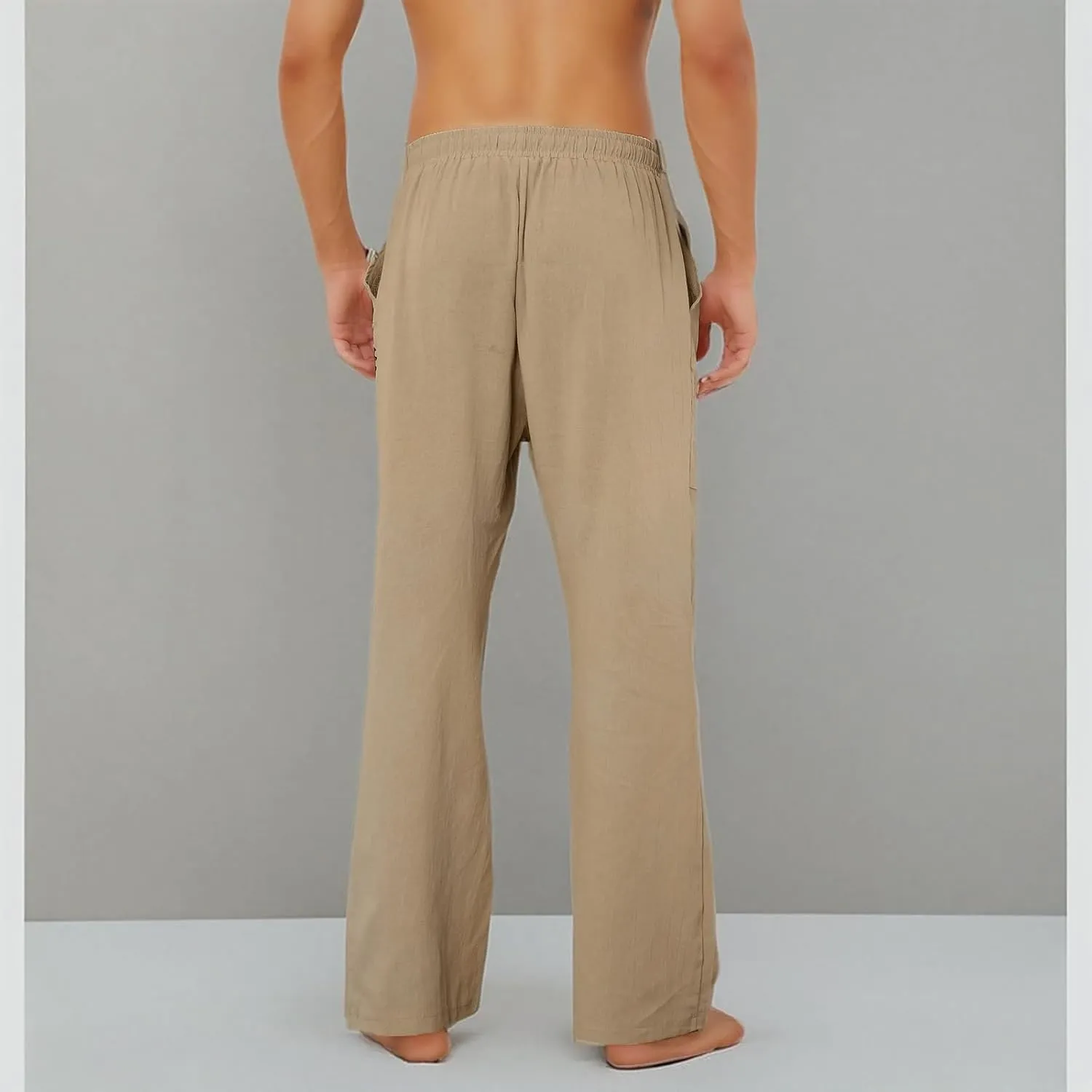 Puimentiua Cotton Linen Pants Men, Summer Beach Pants Loose Fit with Elastic Waist Drawstring