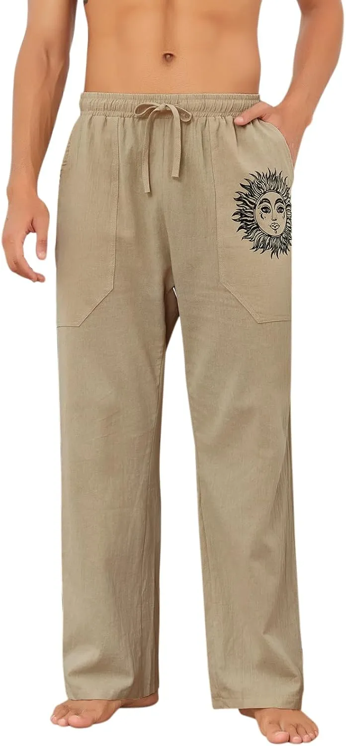 Puimentiua Cotton Linen Pants Men, Summer Beach Pants Loose Fit with Elastic Waist Drawstring