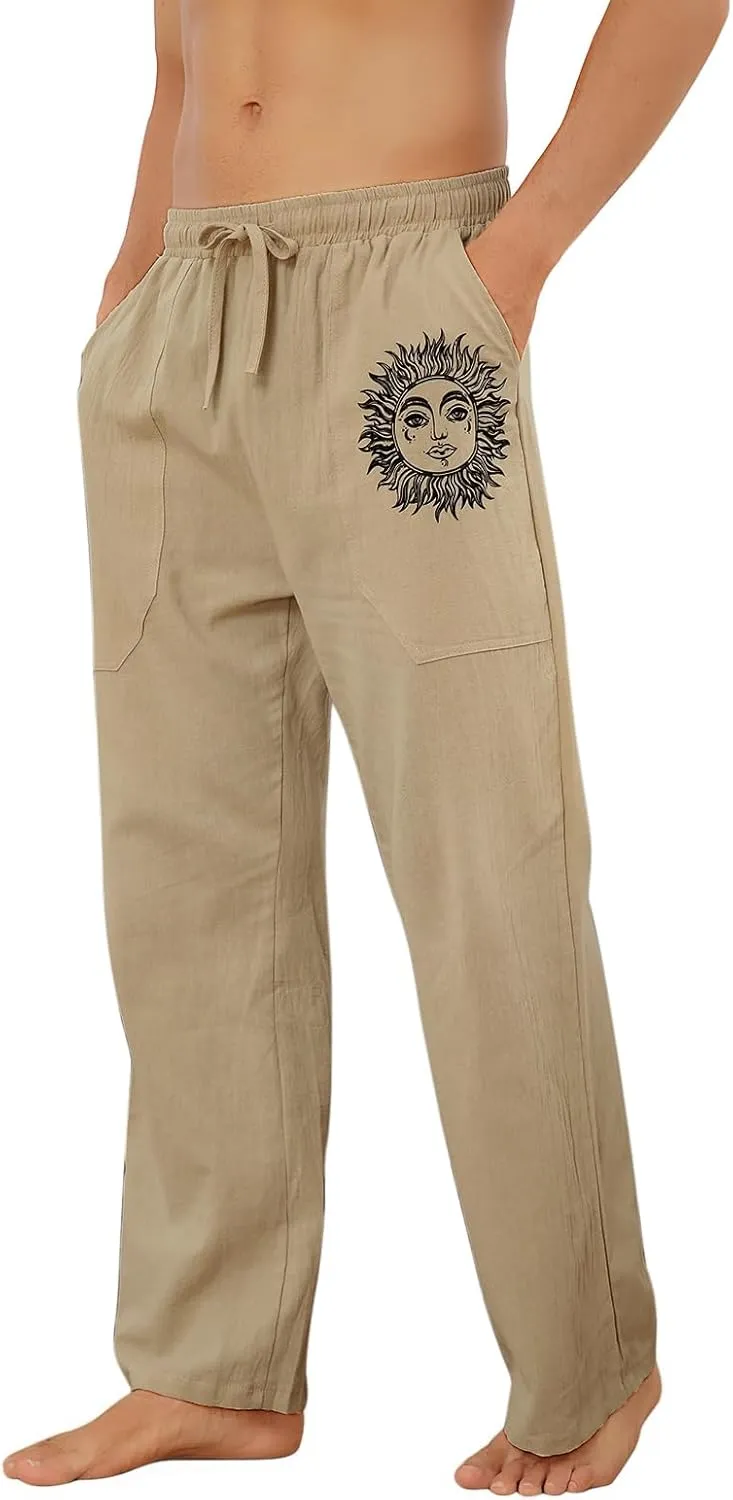 Puimentiua Cotton Linen Pants Men, Summer Beach Pants Loose Fit with Elastic Waist Drawstring