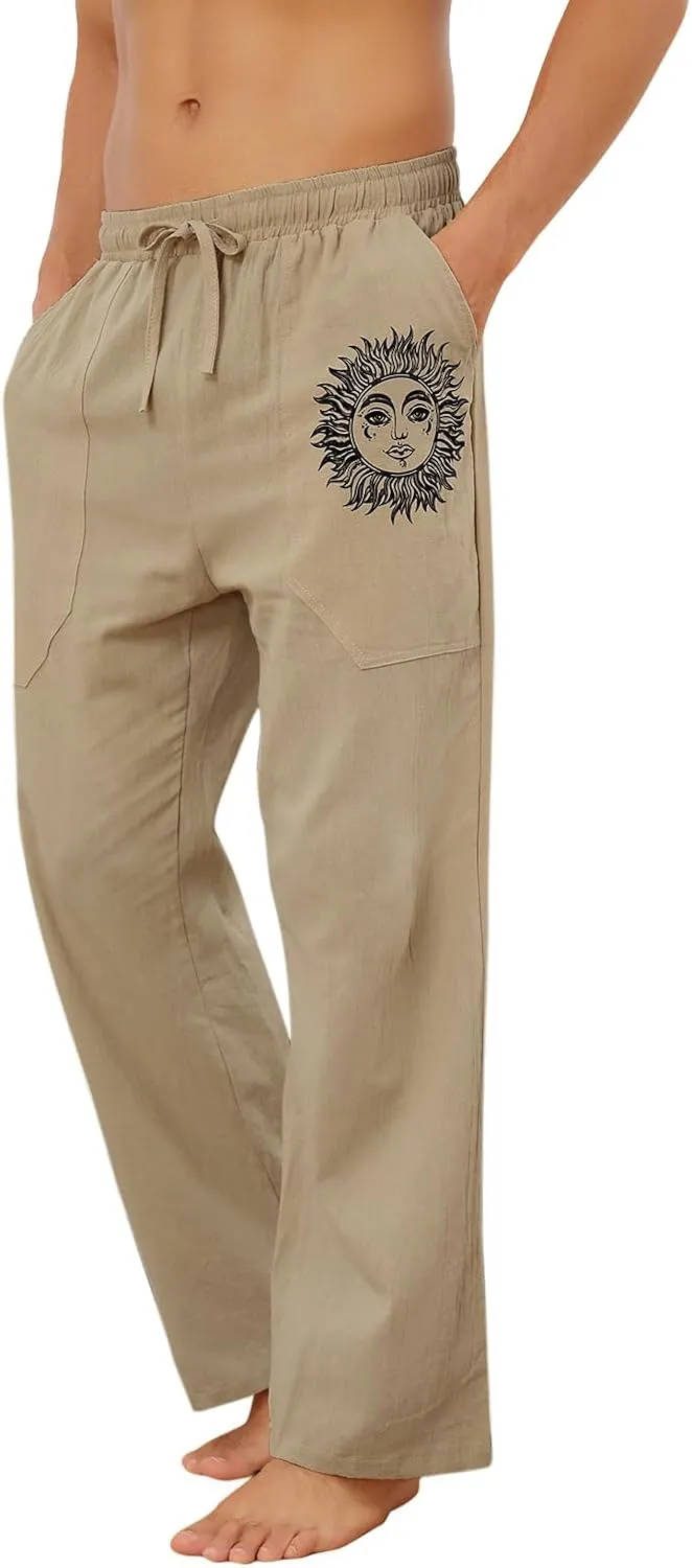 Puimentiua Cotton Linen Pants Men, Summer Beach Pants Loose Fit with Elastic Waist Drawstring