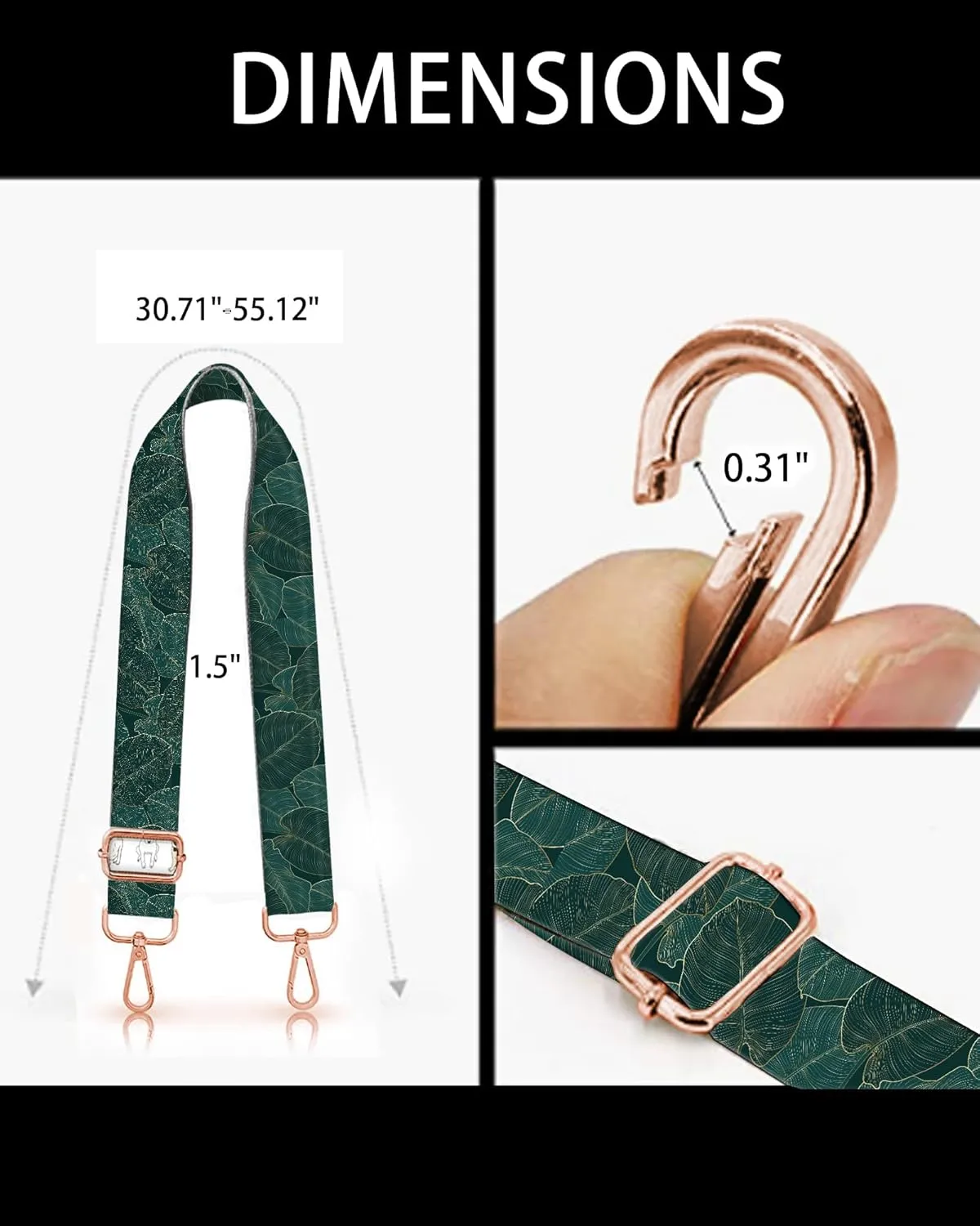 Purse Straps Rose Gold Buckles Wide Shoulder Strap,Cute Adjustable Replacement Belt for Crossbody Canvas Bag Handbag(Palm Leaf Green)