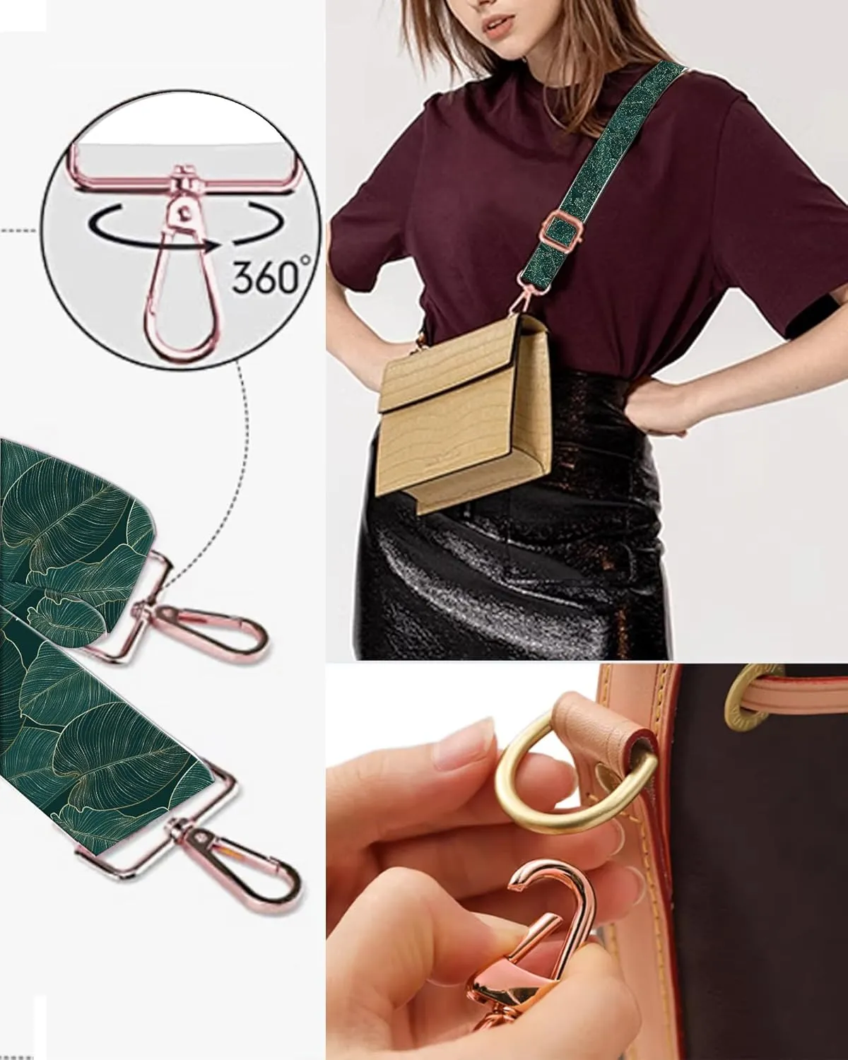 Purse Straps Rose Gold Buckles Wide Shoulder Strap,Cute Adjustable Replacement Belt for Crossbody Canvas Bag Handbag(Palm Leaf Green)
