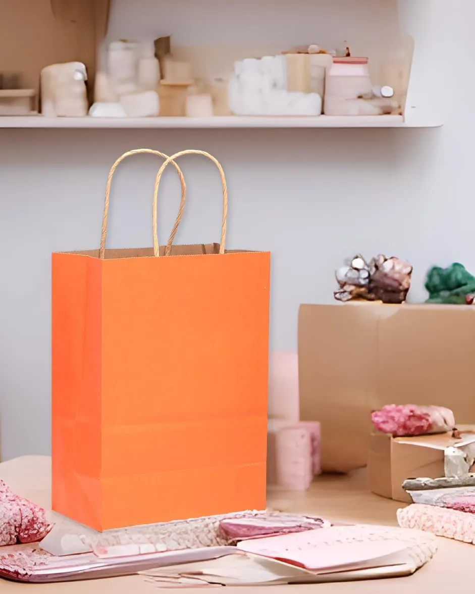 qiqee Large Kraft Paper Bags with Handles 13"x10"x5" 32pcs Gift Paper Bags Orange Solid Color Bags（Large Size）
