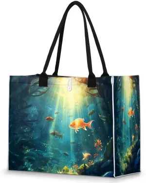 QsirBC Seabed Fish Seagrass Large Beach Tote Bag for Women Adequate Capacity Kitchen Reusable Grocery Bag with Inner Zipper Pocket Travel Tote Handbag for Beach Pool Shopping Daily Use