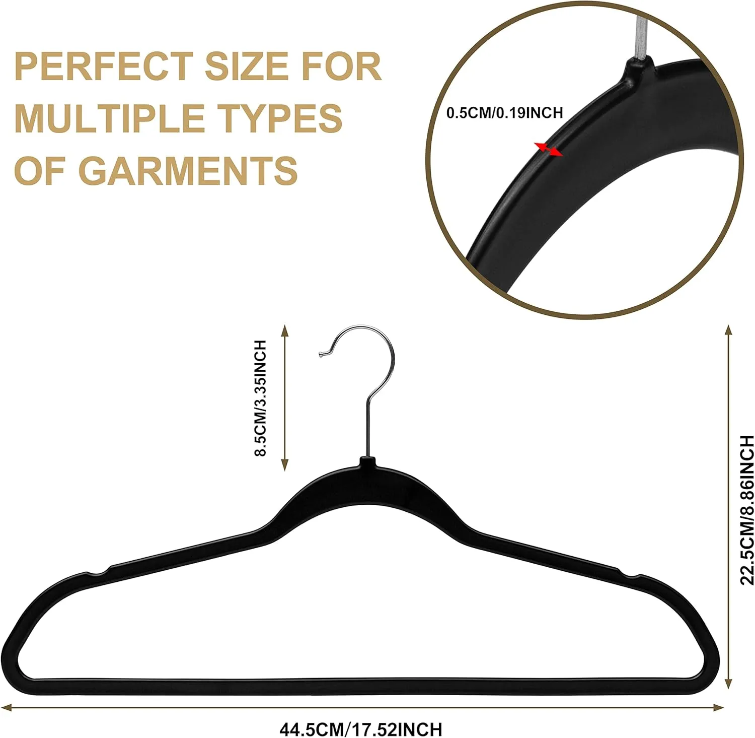 Quality Hangers 50 Pack Slim Plastic Hangers for Clothes - Heavy Duty Non-Velvet Black Hangers with 360° Swivel Chrome Hook & Non Slip Notches - Ideal for Dresses Coats Shirts Jackets & More - Black