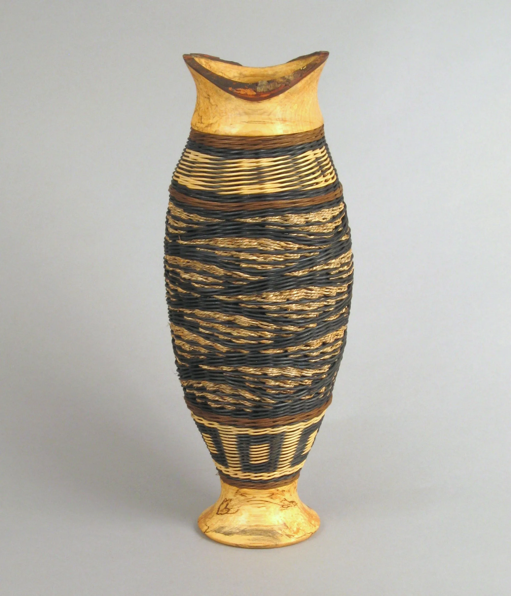 "Ebony Birds” Mixed Media Basket with Maple Hand Turned Wood Base and Lip