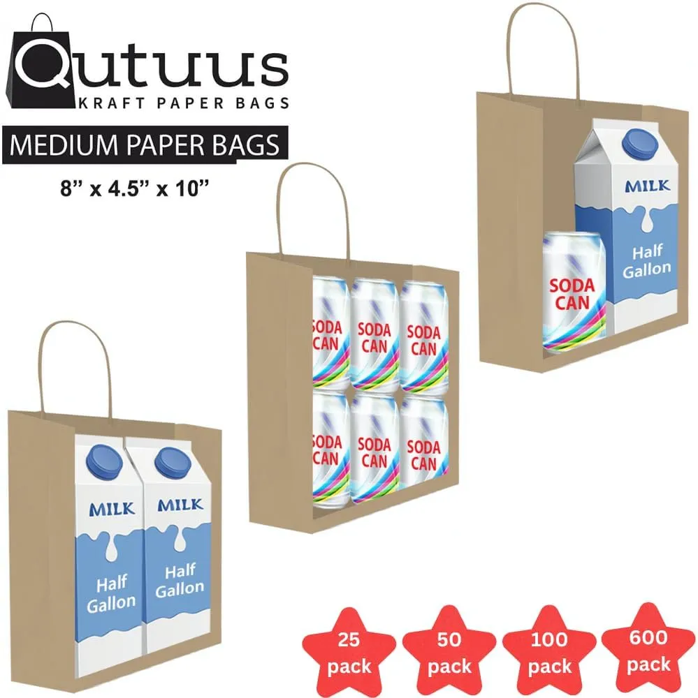 QUTUUS Brown Paper Bags with Handles Bulk 8x4.75x10.5 100 pcs Brown Paper Gift Bags Bulk, Kraft Paper Bags, Kraft Bags, Shopping Bags, Party Bags, Retail Bags, Paper Bag
