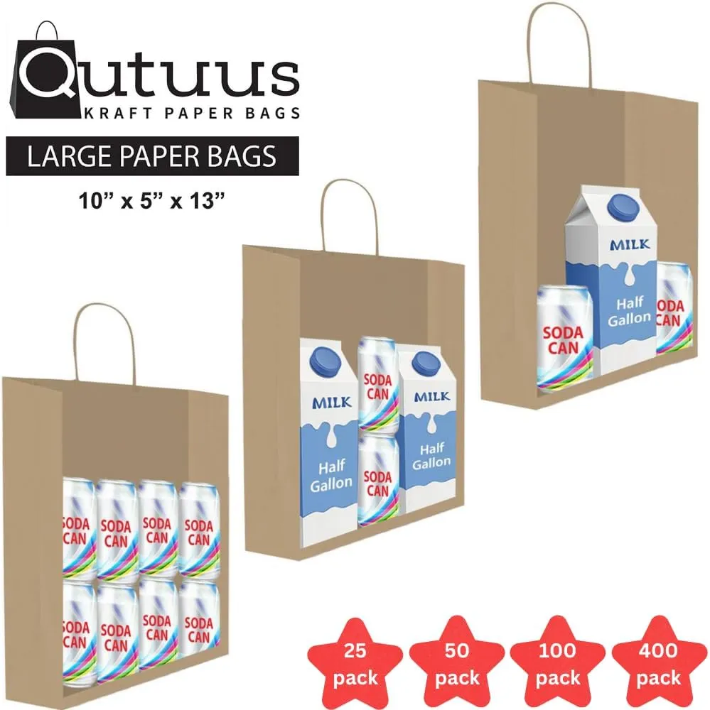 QUTUUS Kraft Shopping Bags 100 Pcs 10x5x13 Brown Paper Bags with Handles Bulk, Brown Gift Bags, Recycled Paper Bags, Paper Retail Bags, Paper Gift Bags