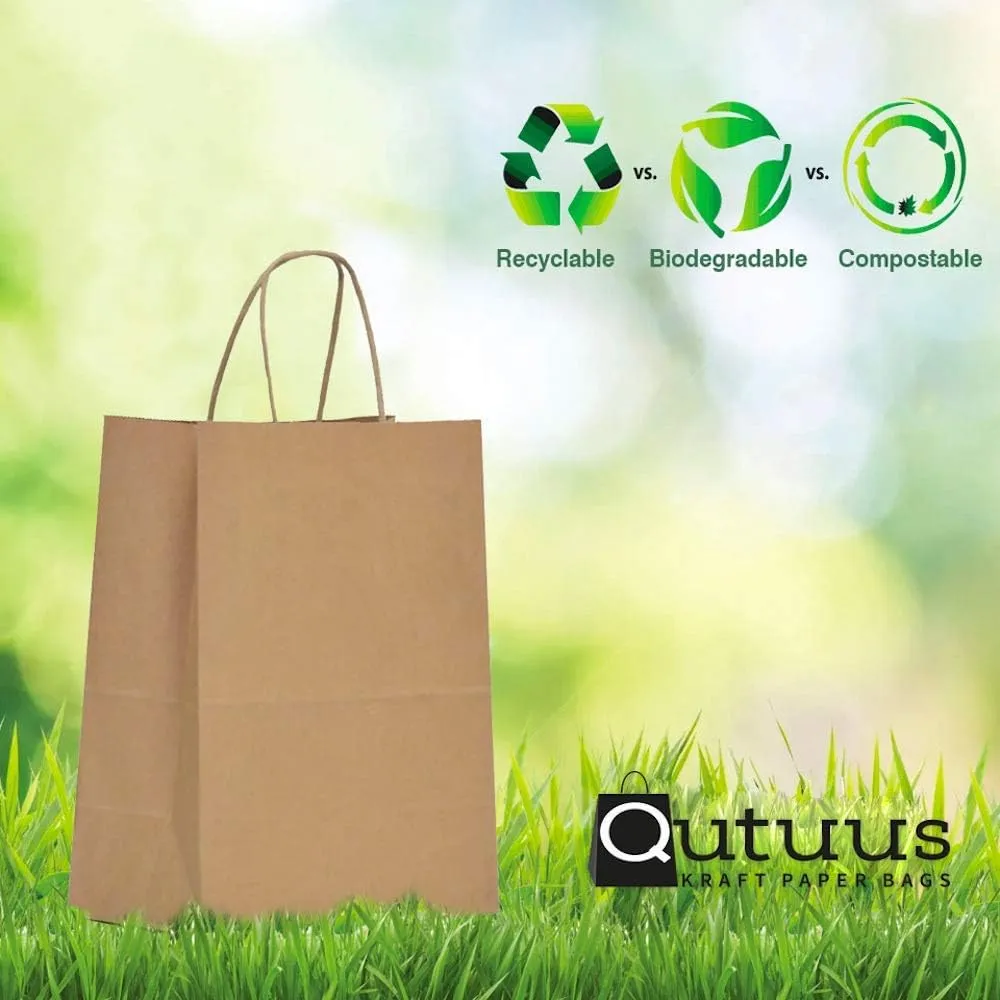 QUTUUS Kraft Shopping Bags 100 Pcs 10x5x13 Brown Paper Bags with Handles Bulk, Brown Gift Bags, Recycled Paper Bags, Paper Retail Bags, Paper Gift Bags