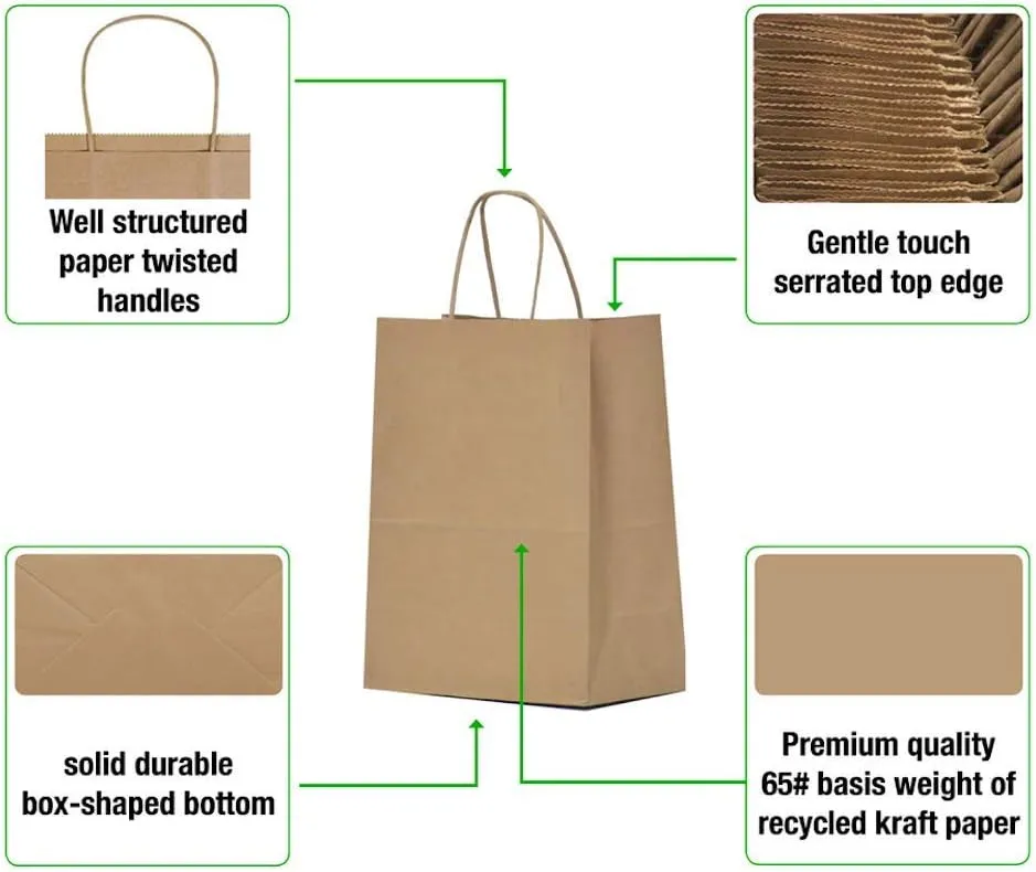QUTUUS Kraft Shopping Bags 100 Pcs 10x5x13 Brown Paper Bags with Handles Bulk, Brown Gift Bags, Recycled Paper Bags, Paper Retail Bags, Paper Gift Bags