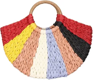 QZUnique Straw Rainbow Handbags Women’s Cotton Crochet Hand-Woven Tote Bag Top Handle Casual Shoulder Messenger Portable Bag