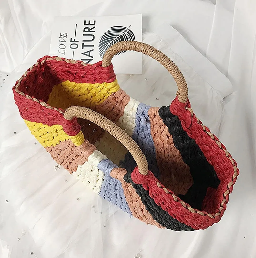 QZUnique Straw Rainbow Handbags Women’s Cotton Crochet Hand-Woven Tote Bag Top Handle Casual Shoulder Messenger Portable Bag