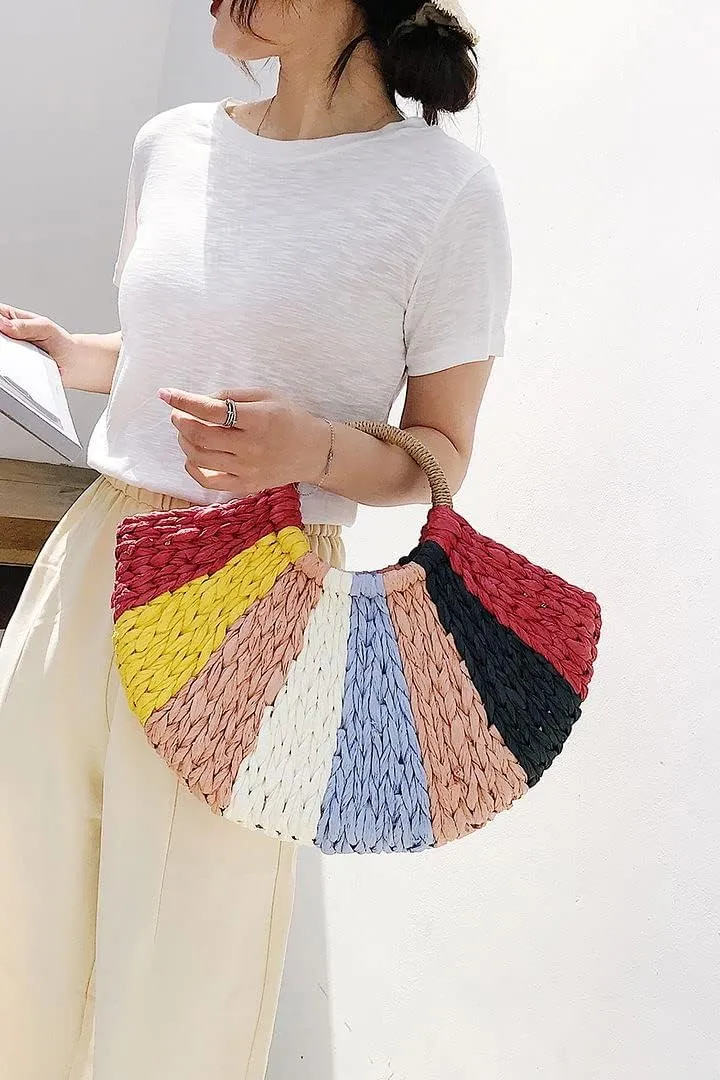 QZUnique Straw Rainbow Handbags Women’s Cotton Crochet Hand-Woven Tote Bag Top Handle Casual Shoulder Messenger Portable Bag
