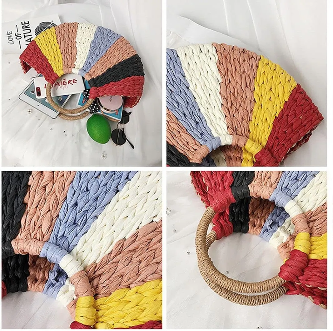 QZUnique Straw Rainbow Handbags Women’s Cotton Crochet Hand-Woven Tote Bag Top Handle Casual Shoulder Messenger Portable Bag