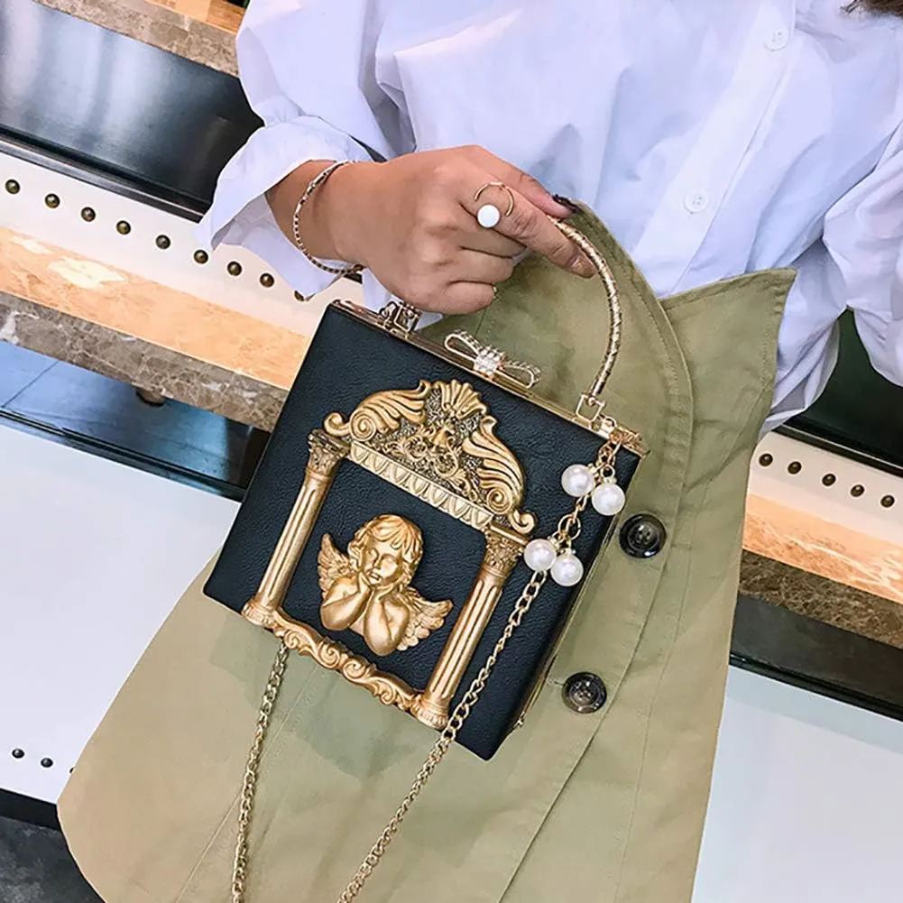 QZUnique Women Love Angel Floral Evening Bag Rose Embossed Formal Purse Clutch Black Gold Crossbody Pearl Chain Shoulder Bag
