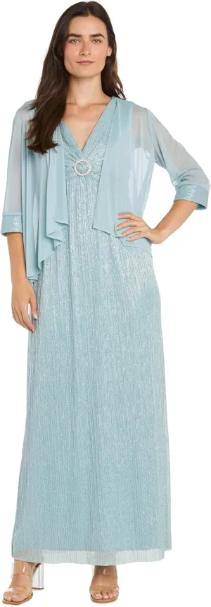 R&M Richards Metallic V-Neck Dress W/Pleated Removable Sheer Jacket