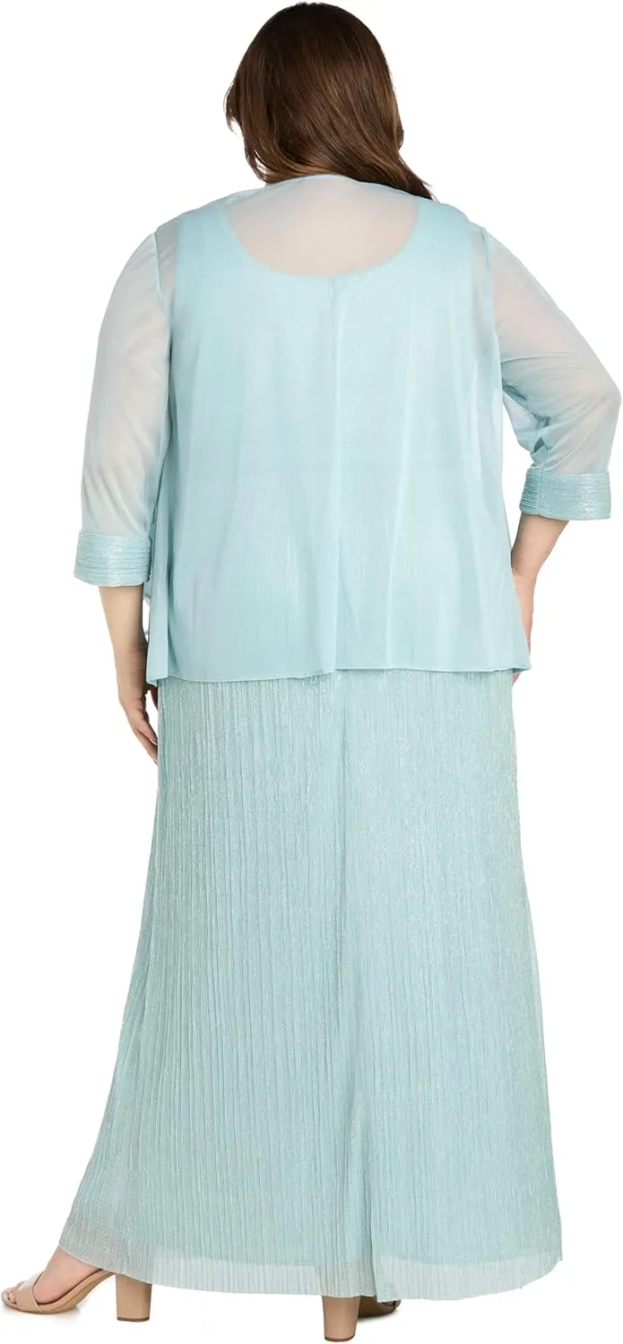 R&M Richards Metallic V-Neck Dress W/Pleated Removable Sheer Jacket
