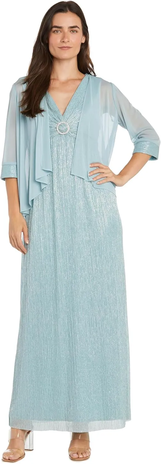R&M Richards Metallic V-Neck Dress W/Pleated Removable Sheer Jacket