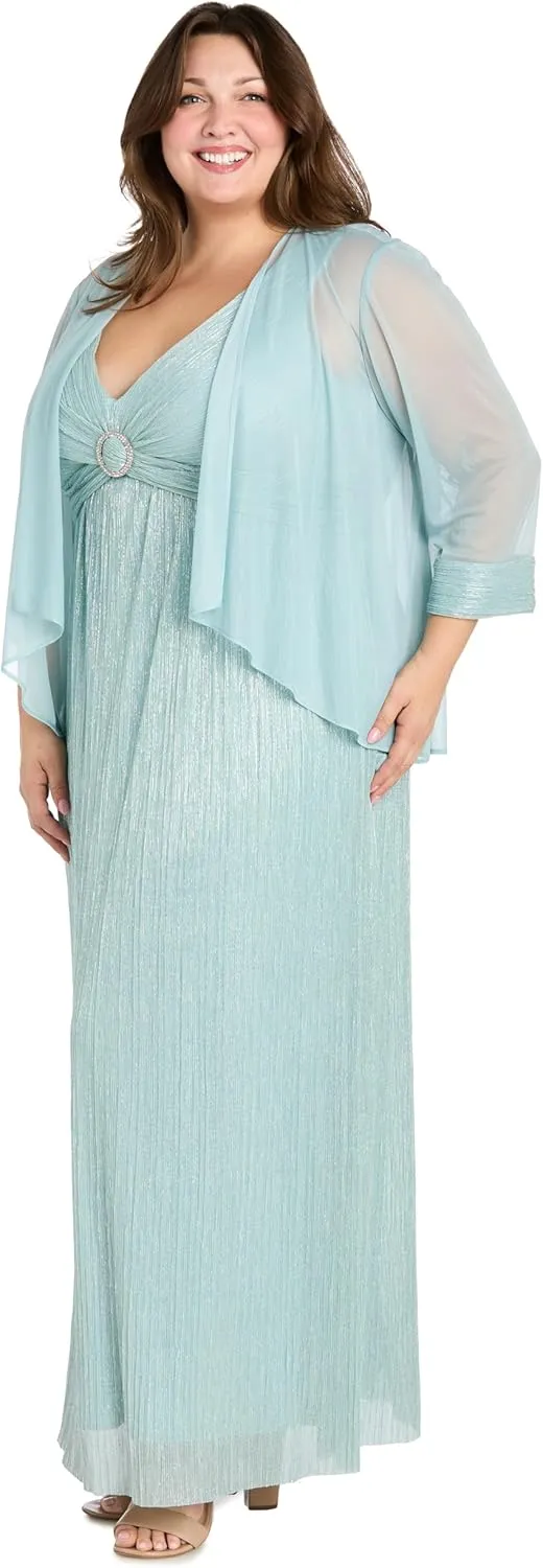 R&M Richards Metallic V-Neck Dress W/Pleated Removable Sheer Jacket