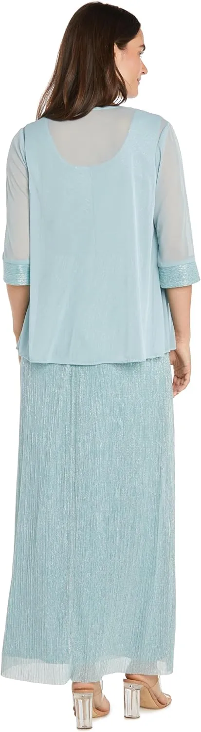 R&M Richards Metallic V-Neck Dress W/Pleated Removable Sheer Jacket
