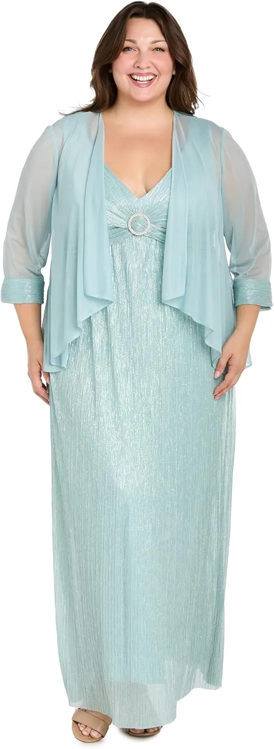 R&M Richards Metallic V-Neck Dress W/Pleated Removable Sheer Jacket