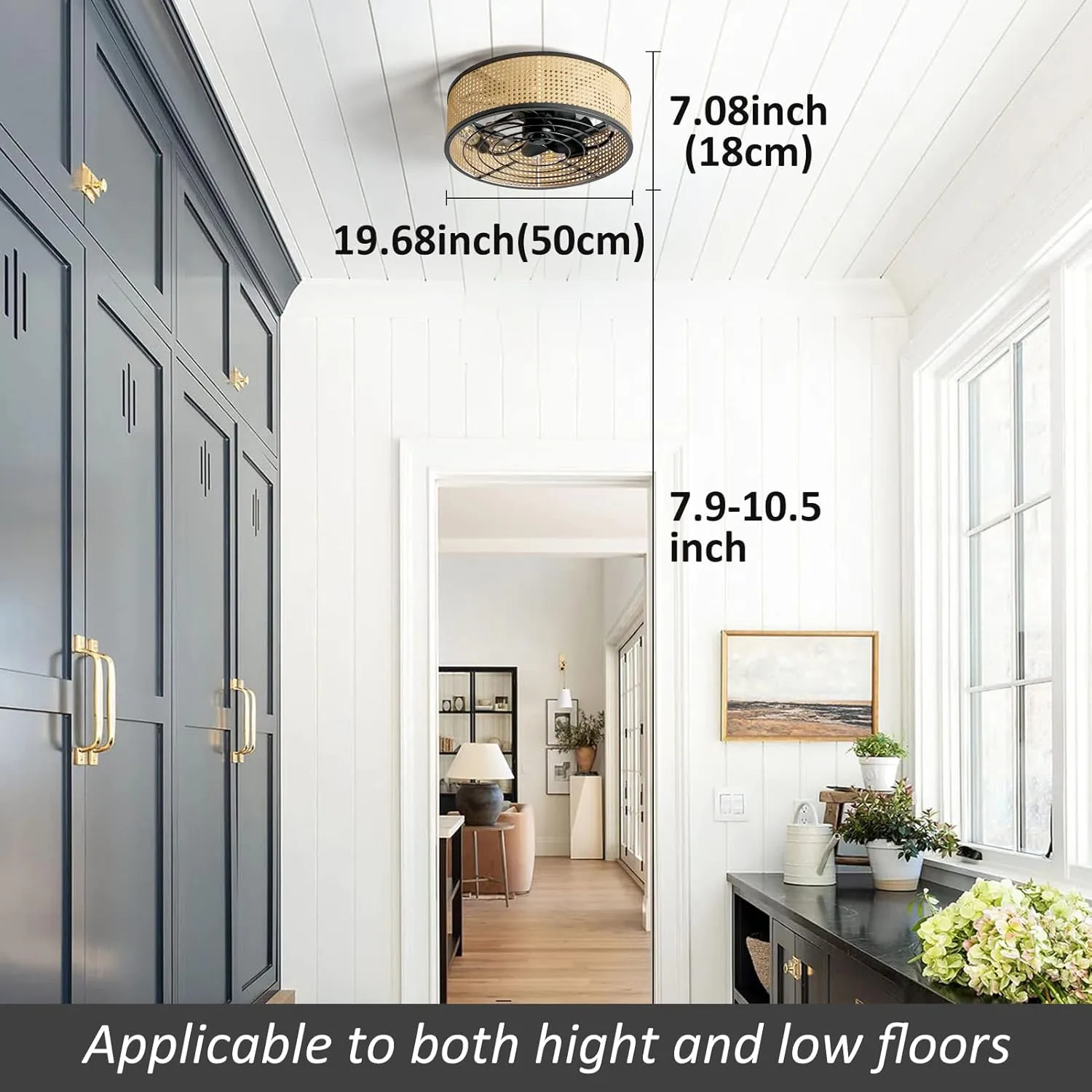 Rattan Boho Ceiling Fan with Light Flush Mount, 20 Inch Caged Ceiling Fans with Light and Remote Control, Low Profile Enclosed 6 Speeds for Bedroom Kitchen Living Room