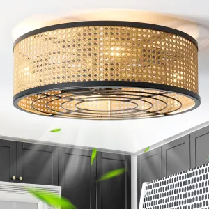 Rattan Boho Ceiling Fan with Light Flush Mount, 20 Inch Caged Ceiling Fans with Light and Remote Control, Low Profile Enclosed 6 Speeds for Bedroom Kitchen Living Room