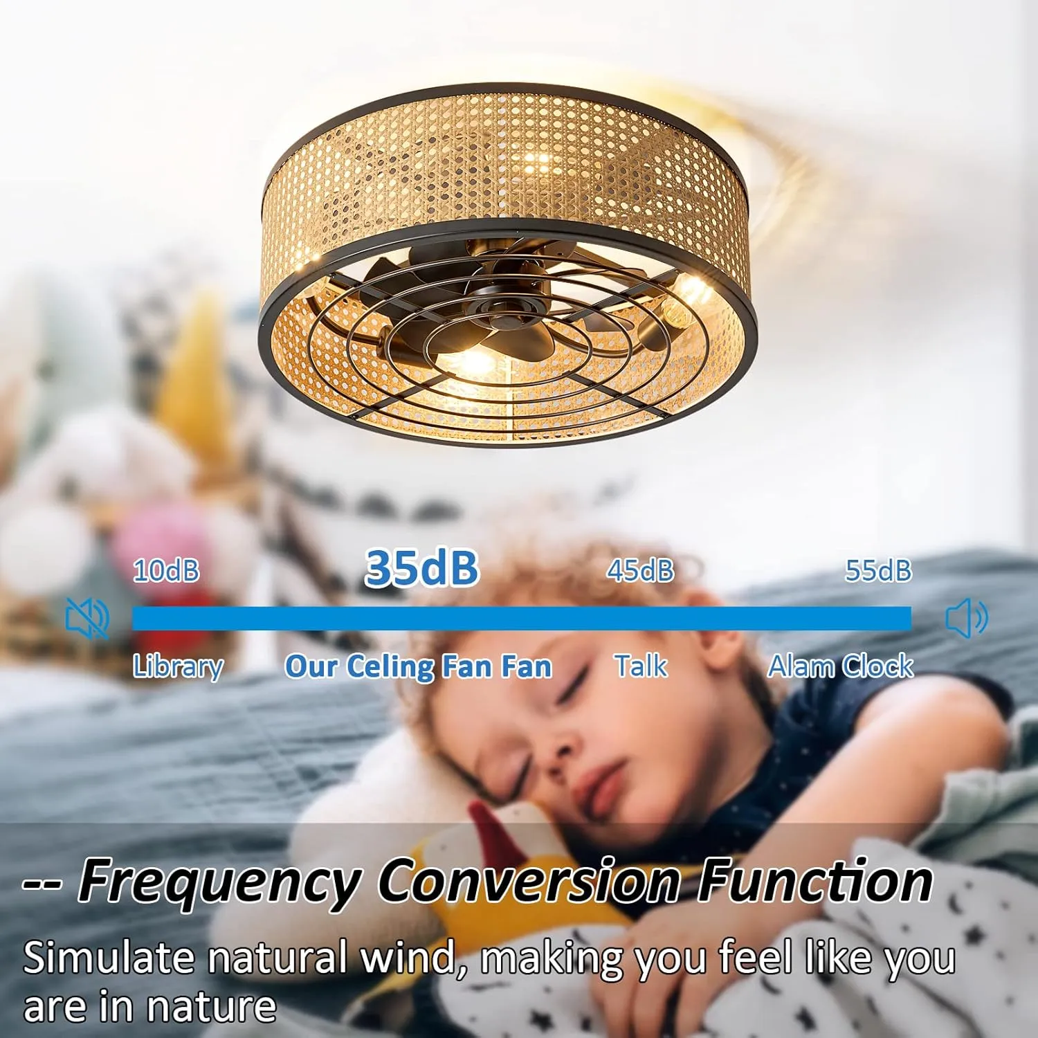 Rattan Boho Ceiling Fan with Light Flush Mount, 20 Inch Caged Ceiling Fans with Light and Remote Control, Low Profile Enclosed 6 Speeds for Bedroom Kitchen Living Room