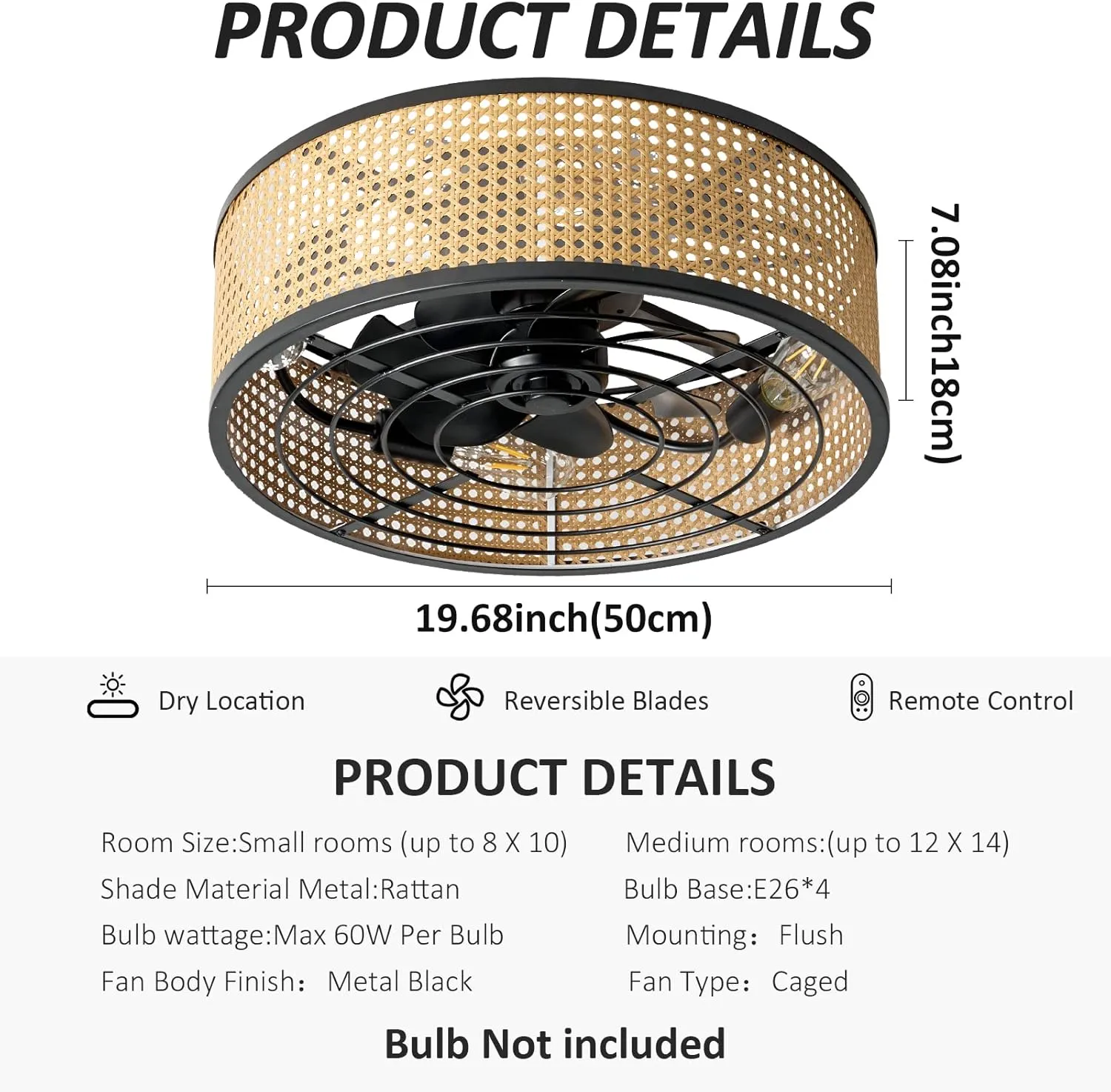 Rattan Boho Ceiling Fan with Light Flush Mount, 20 Inch Caged Ceiling Fans with Light and Remote Control, Low Profile Enclosed 6 Speeds for Bedroom Kitchen Living Room