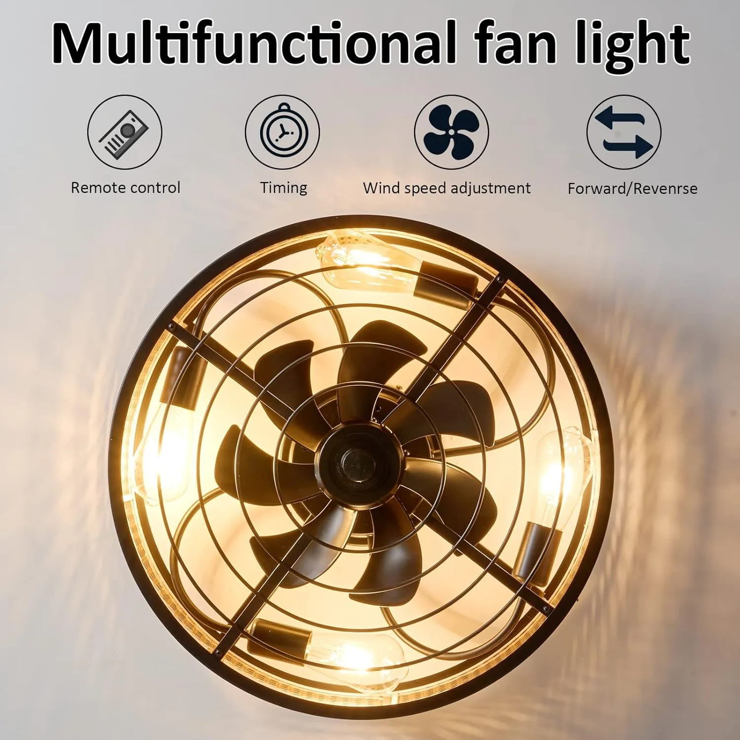 Rattan Boho Ceiling Fan with Light Flush Mount, 20 Inch Caged Ceiling Fans with Light and Remote Control, Low Profile Enclosed 6 Speeds for Bedroom Kitchen Living Room