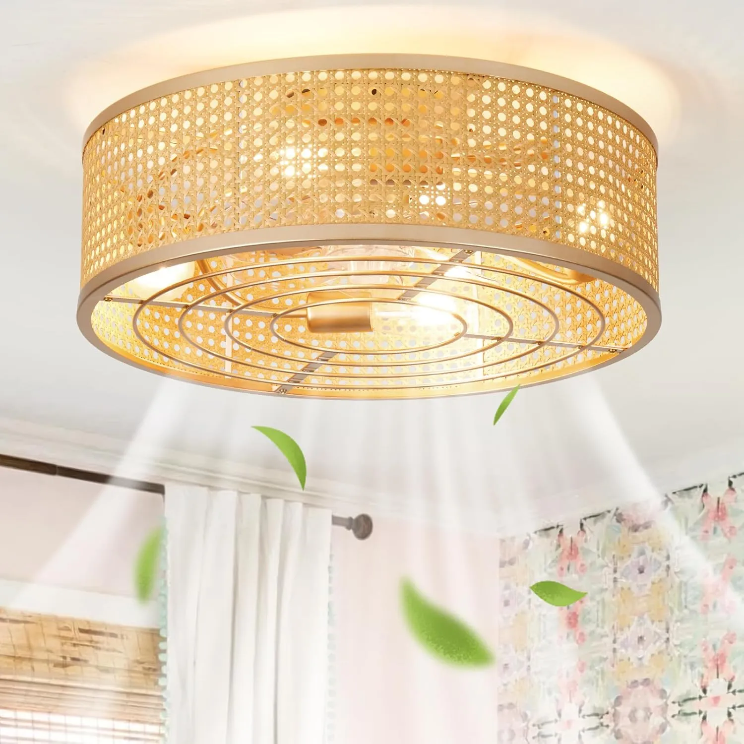 Rattan Boho Ceiling Fan with Light Flush Mount, 20 Inch Gold Caged Ceiling Fans with Light and Remote Control, Low Profile Enclosed 3 Speeds for Bedroom Kitchen Living Room