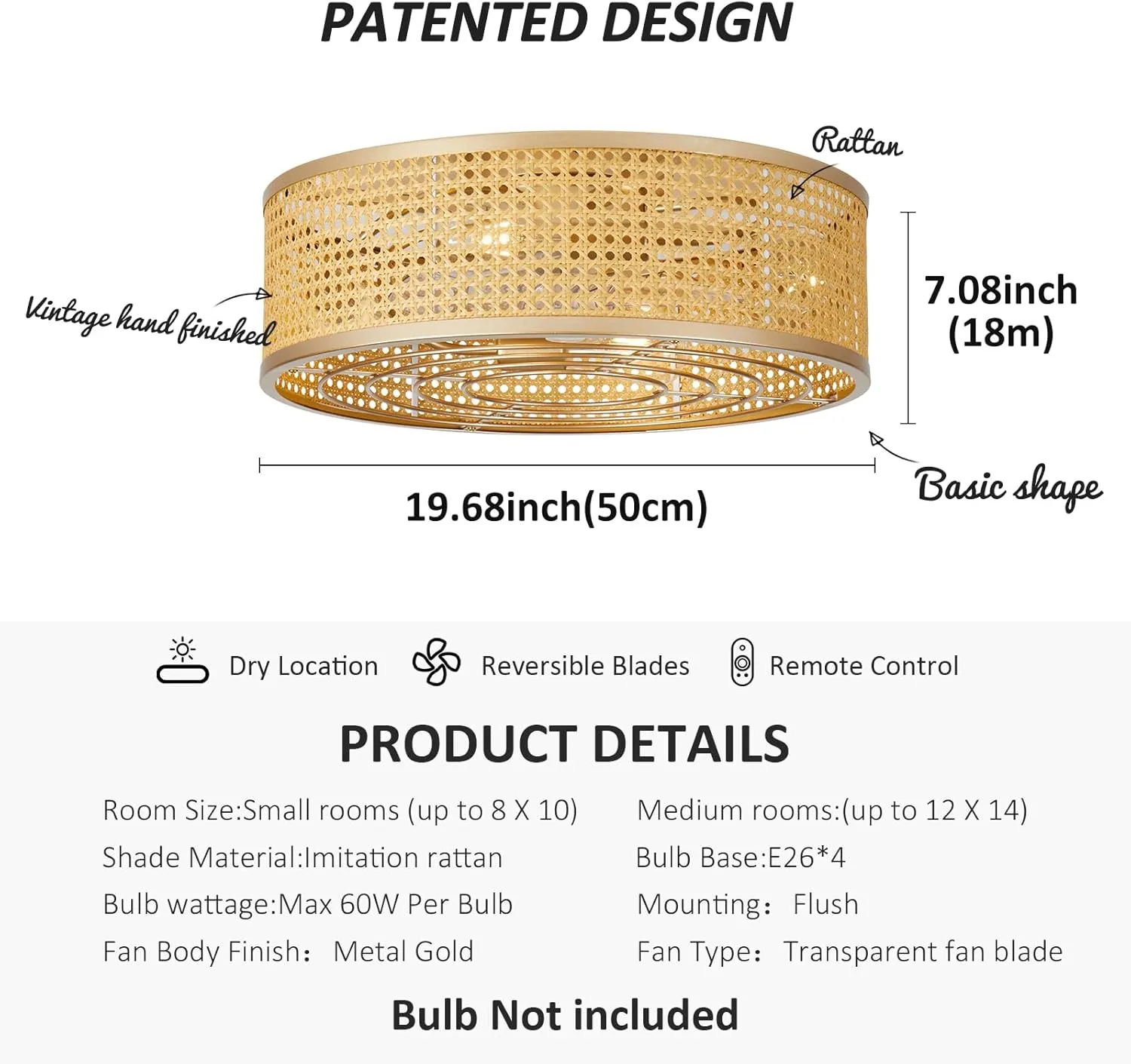 Rattan Boho Ceiling Fan with Light Flush Mount, 20 Inch Gold Caged Ceiling Fans with Light and Remote Control, Low Profile Enclosed 3 Speeds for Bedroom Kitchen Living Room