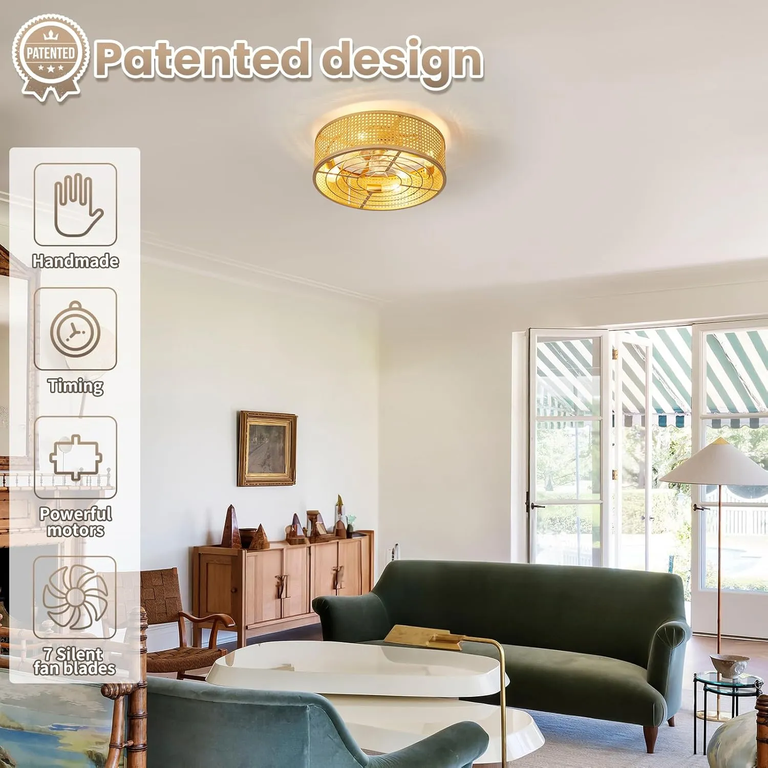 Rattan Boho Ceiling Fan with Light Flush Mount, 20 Inch Gold Caged Ceiling Fans with Light and Remote Control, Low Profile Enclosed 3 Speeds for Bedroom Kitchen Living Room