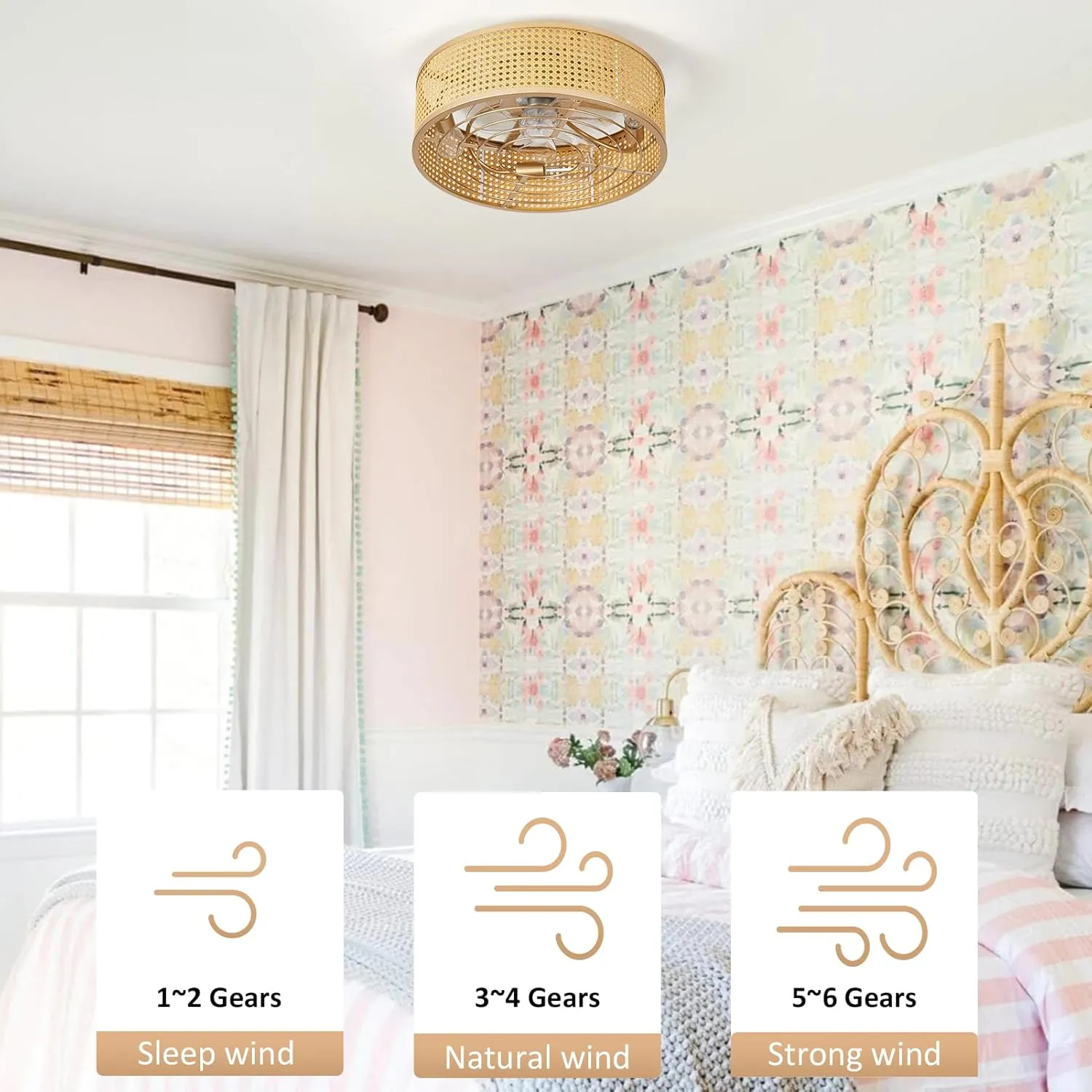 Rattan Boho Ceiling Fan with Light Flush Mount, 20 Inch Gold Caged Ceiling Fans with Light and Remote Control, Low Profile Enclosed 3 Speeds for Bedroom Kitchen Living Room