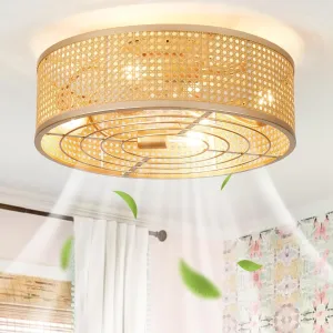 Rattan Boho Ceiling Fan with Light Flush Mount, 20 Inch Gold Caged Ceiling Fans with Light and Remote Control, Low Profile Enclosed 3 Speeds for Bedroom Kitchen Living Room