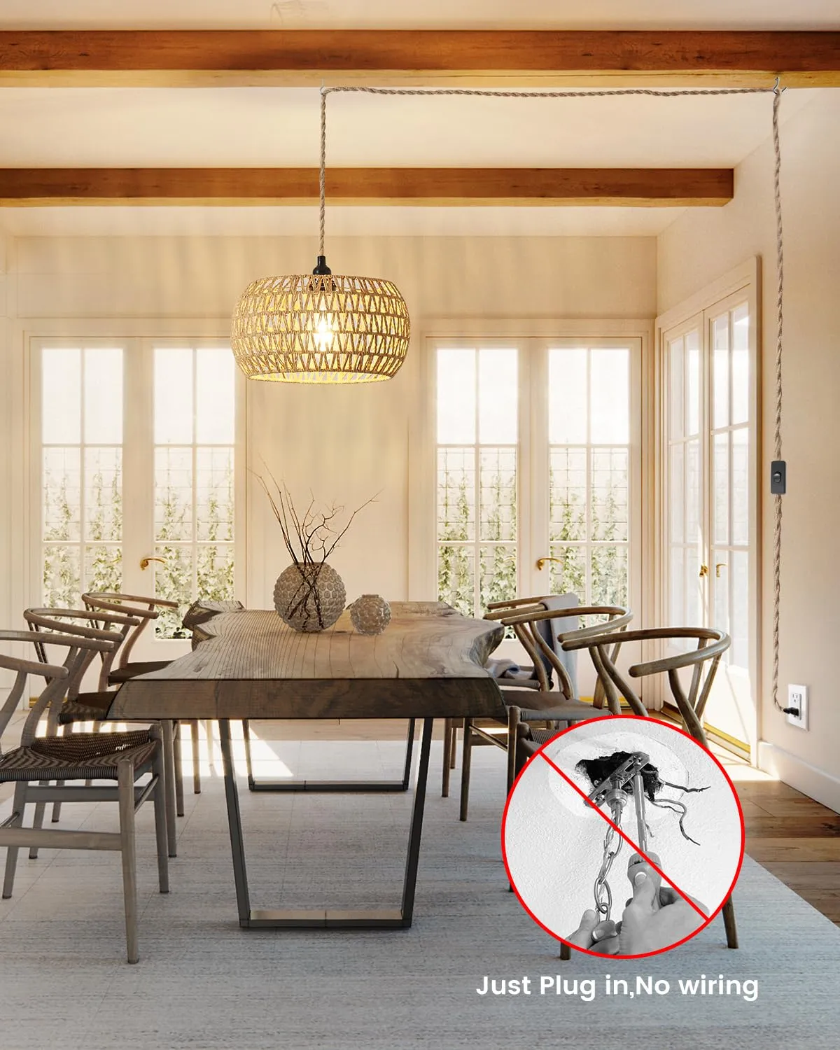 Rattan Boho Hanging Light,12.6'' Natural Hand Woven Fabric Drum Light,Plug Into Wall Outlet Pendant Light Fixture On/Off Switch for Dining,Living Room,Bedroom,Kitchen,Hallway Entryway, Without Bulb