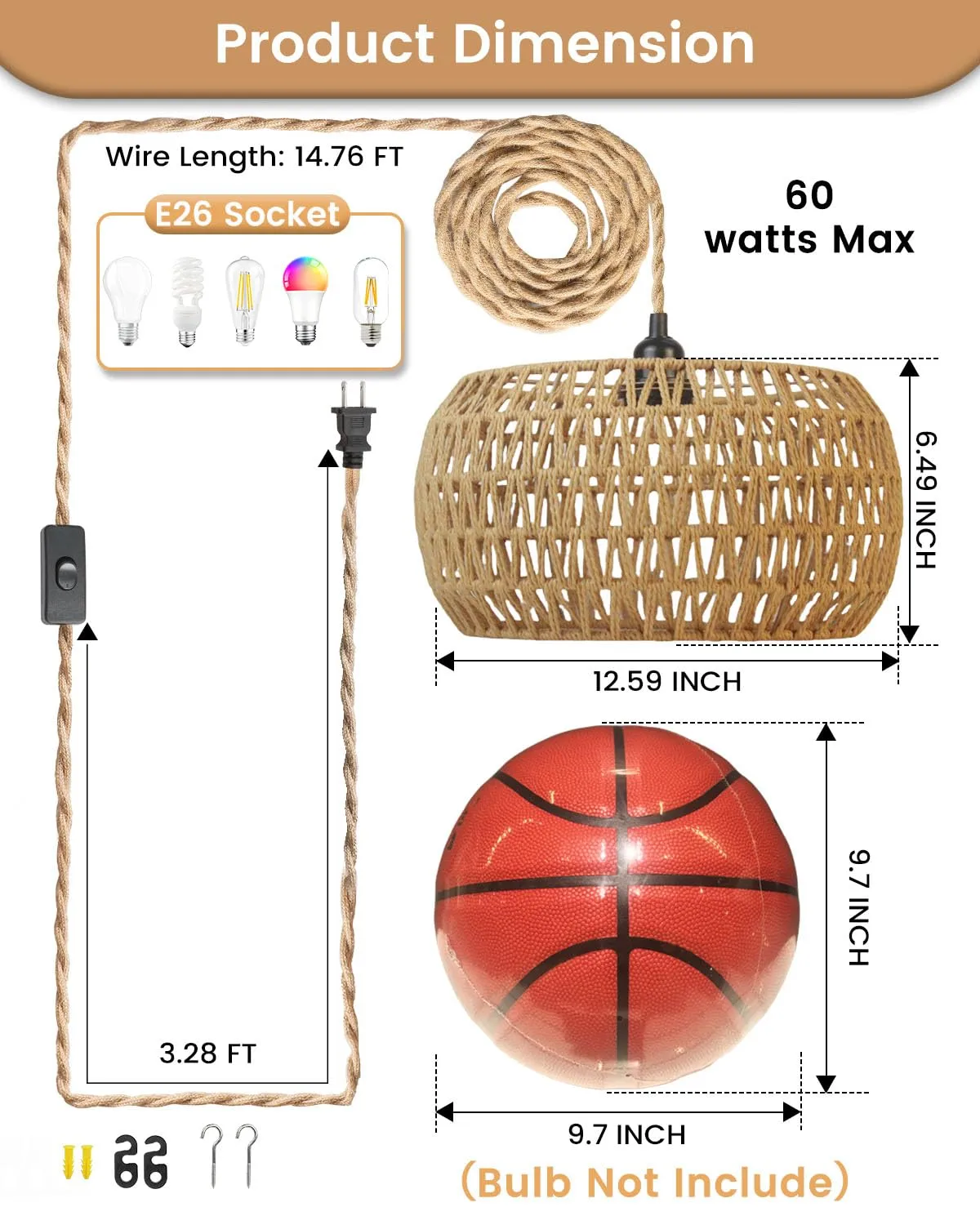 Rattan Boho Hanging Light,12.6'' Natural Hand Woven Fabric Drum Light,Plug Into Wall Outlet Pendant Light Fixture On/Off Switch for Dining,Living Room,Bedroom,Kitchen,Hallway Entryway, Without Bulb