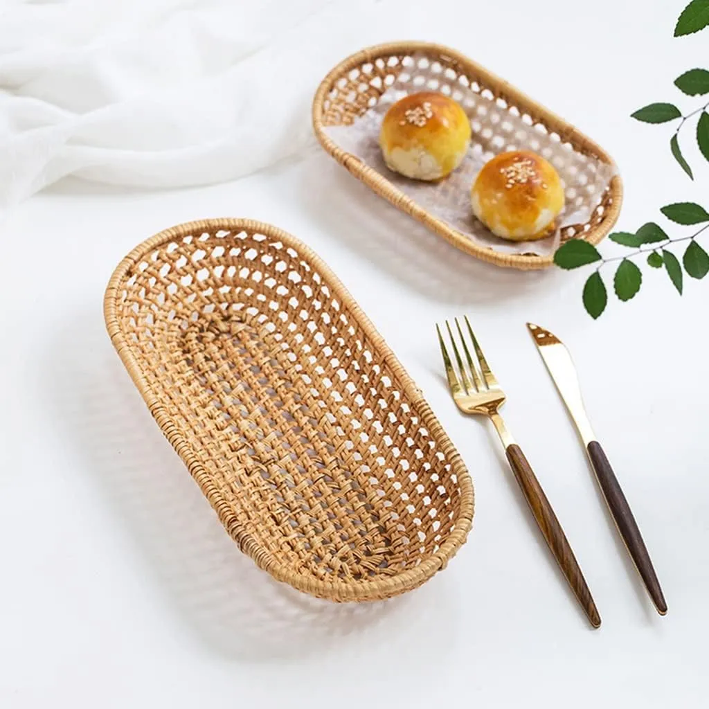 Rattan Bread Basket Breakfast Fruit Plate Home Kitchen Storage Tray(E,18 * 9.5cm)