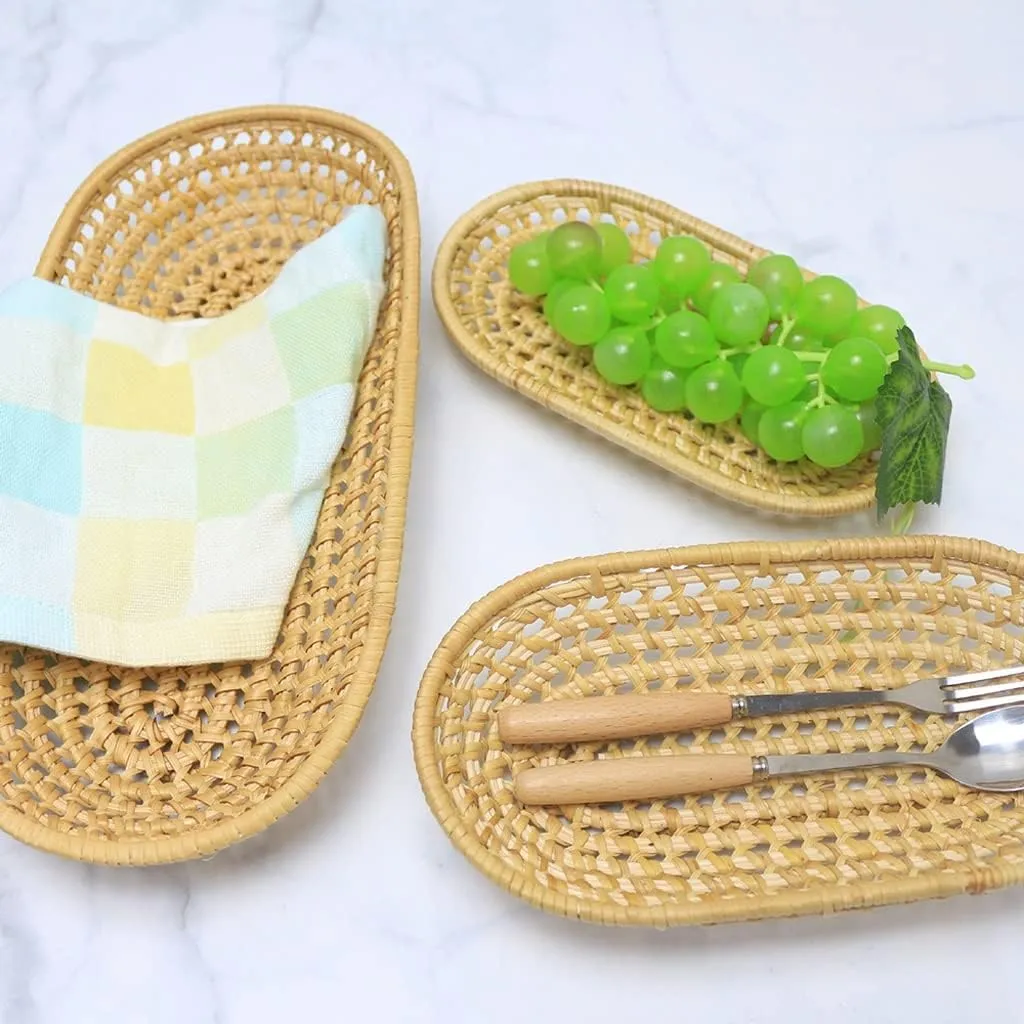 Rattan Bread Basket Breakfast Fruit Plate Home Kitchen Storage Tray(E,18 * 9.5cm)